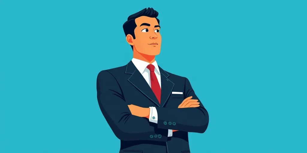 a man in a suit and tie standing with his arms crossed in front of him, with a blue background, Carl