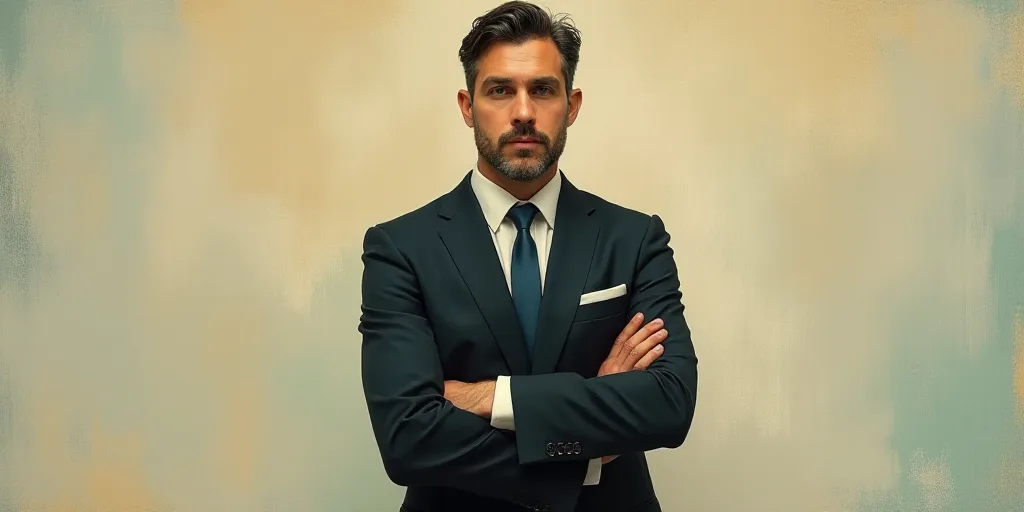 a man in a suit and tie standing with his arms crossed in front of him, with the caption of a photo
