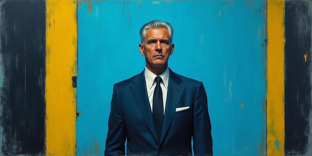a man in a suit and tie standing in front of a blue background with a black and yellow border, Artur