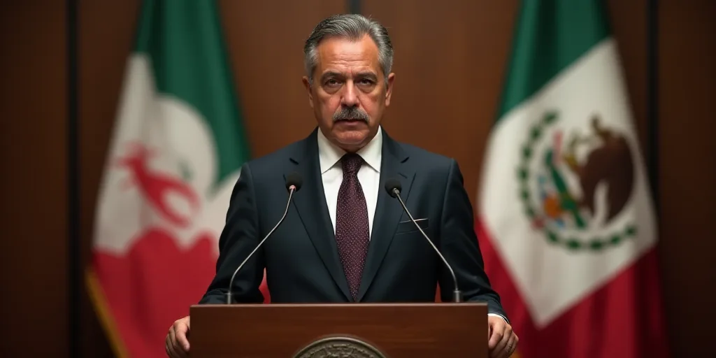 a man in a suit and tie standing at a podium in front of flags and a mexican flag behind him, Carlos