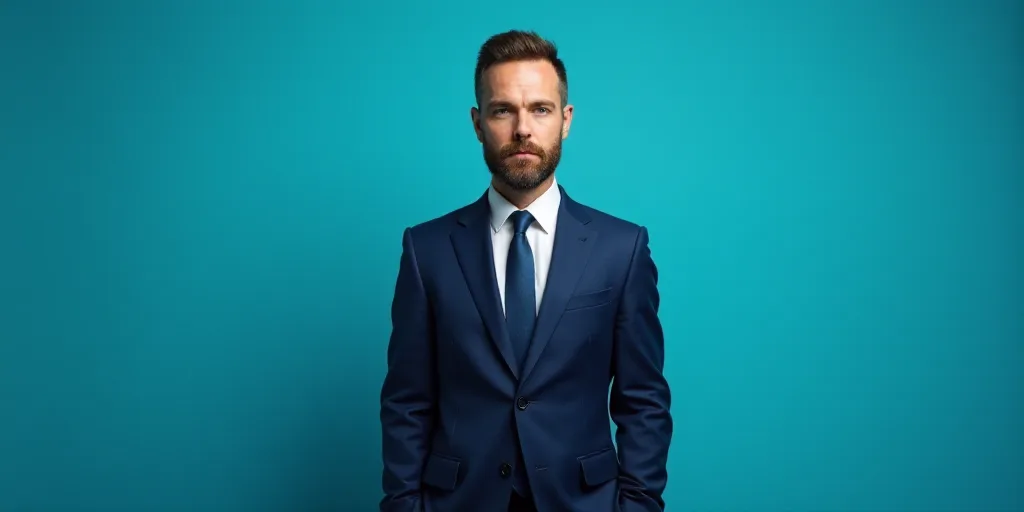 a man in a suit and tie standing in front of a blue background with a caption that reads demeterio s