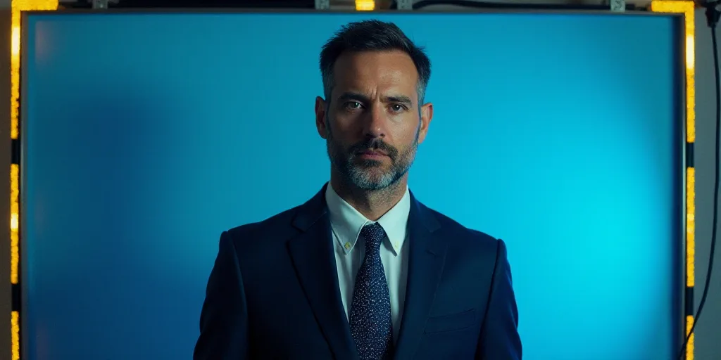 a man in a suit and tie standing in front of a blue background with a black and yellow border, Eduar