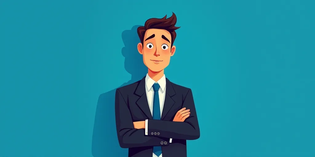 a man in a suit and tie standing with his arms crossed in front of him, with a blue background, Carl