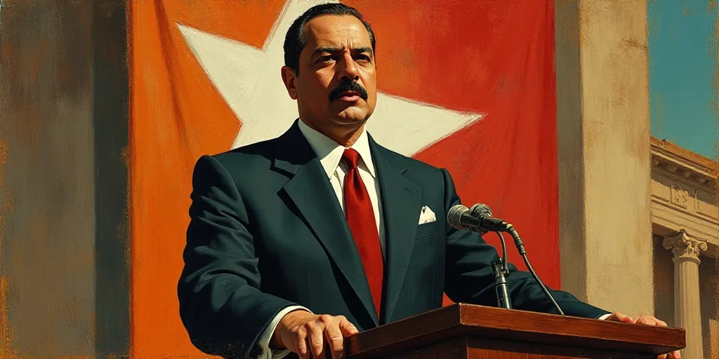 a man in a suit and tie standing at a podium with a flag behind him and a banner behind him, Diego R
