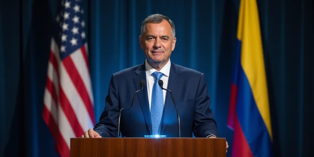 a man in a suit and tie standing at a podium with a microphone in front of him and flags behind him,