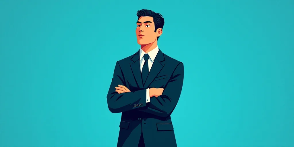 a man in a suit and tie standing with his arms crossed in front of him, with a blue background, Carl