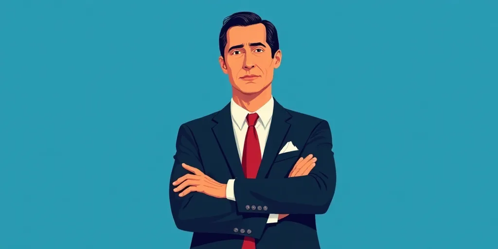 a man in a suit and tie standing with his arms crossed in front of him, with a blue background, Carl
