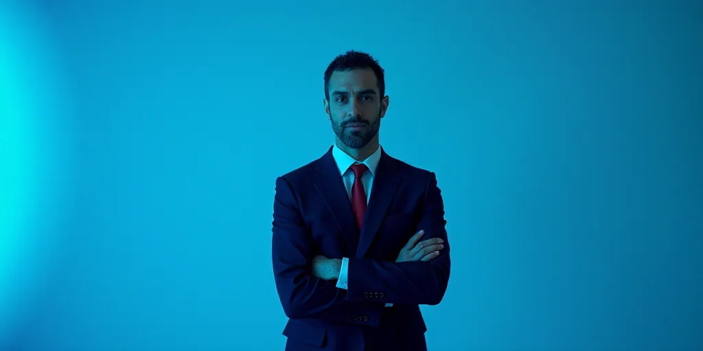 a man in a suit and tie standing with his arms crossed in front of him with a blue background, Estua