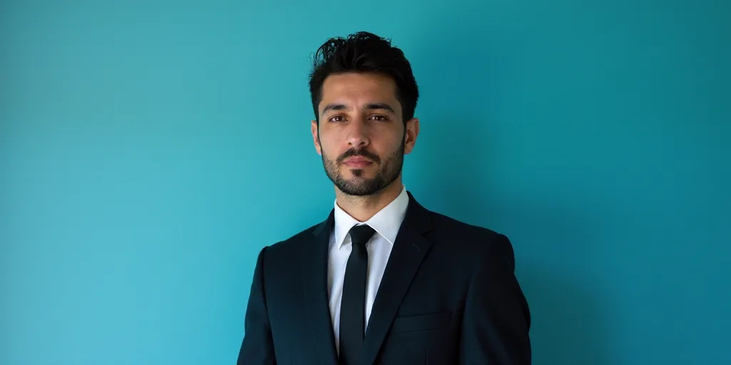 a man in a suit and tie standing in front of a blue background with a black and white photo, Alejand