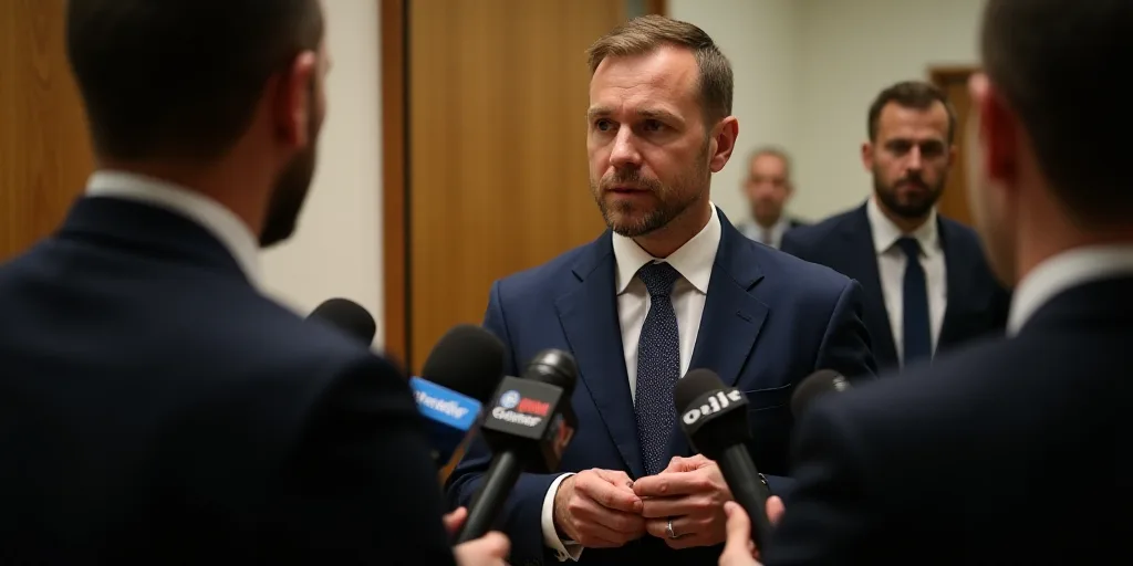a man in a suit and tie talking to reporters in a room with microphones and a mirror with a man in a