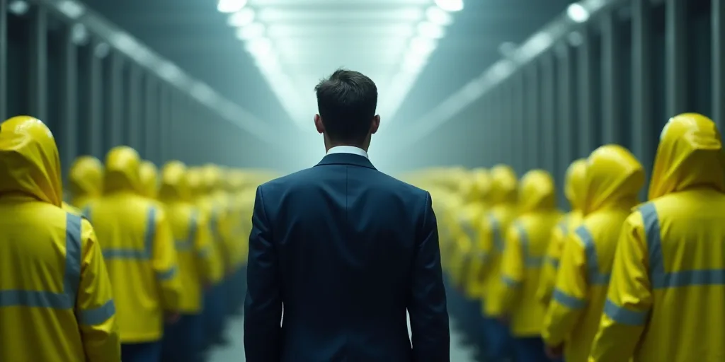 a man in a suit and tie walking in front of a group of people in yellow jackets and reflective vests