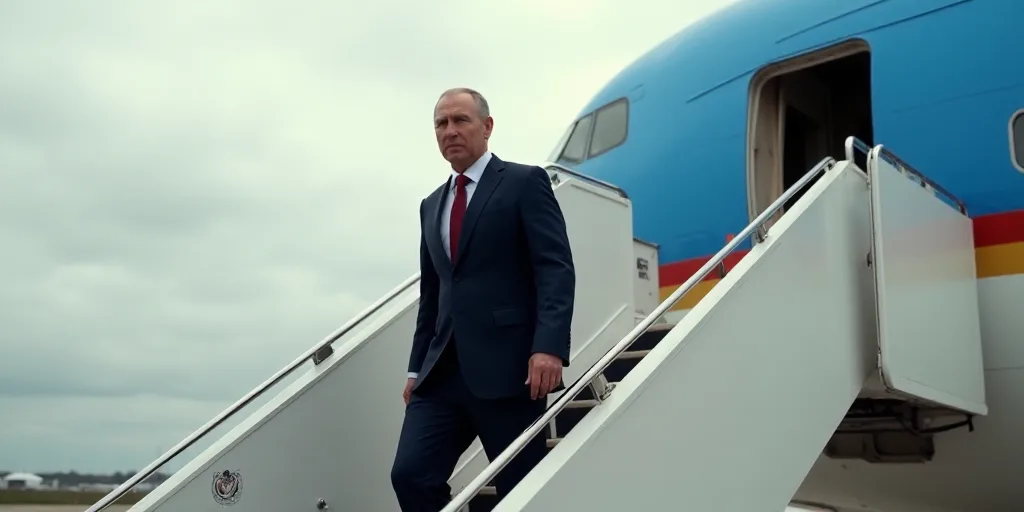 a man in a suit and tie walking up a flight of stairs to a plane with the president of the united st
