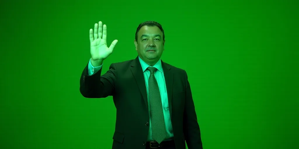 a man in a suit and tie waving at the camera with his hand up in the air with a green background, Fe