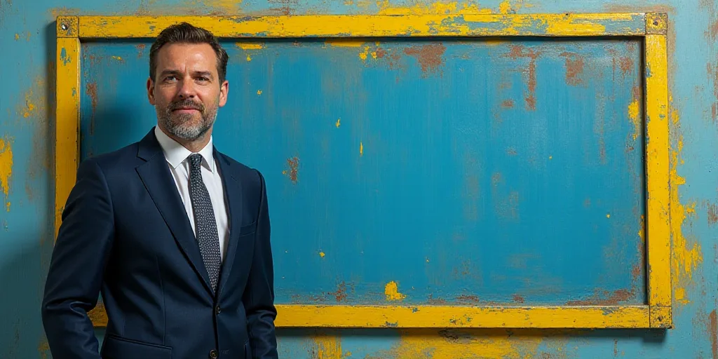 a man in a suit and tie with a blue background and a yellow border around him is a business card wit