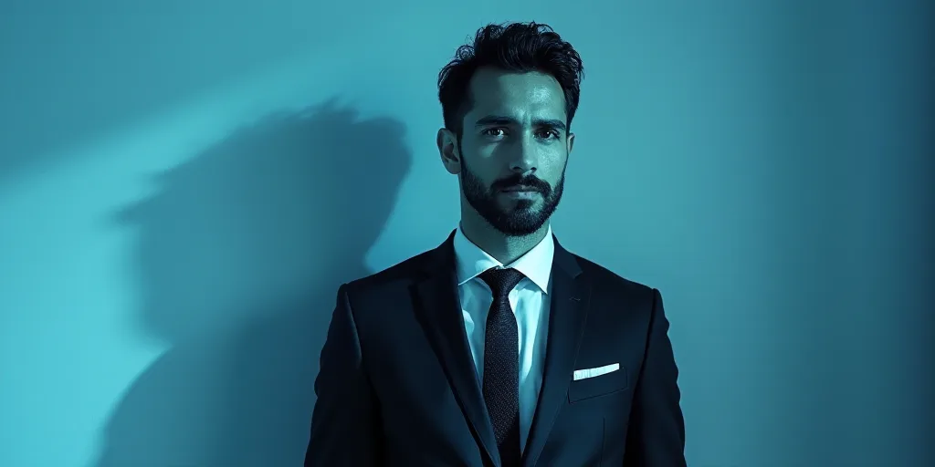 a man in a suit and tie with a blue background and a black and white photo of him with the caption a