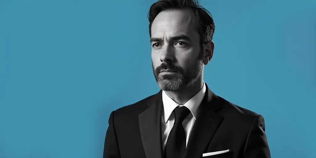 a man in a suit and tie with a blue background and a black and white photo of him with the caption a