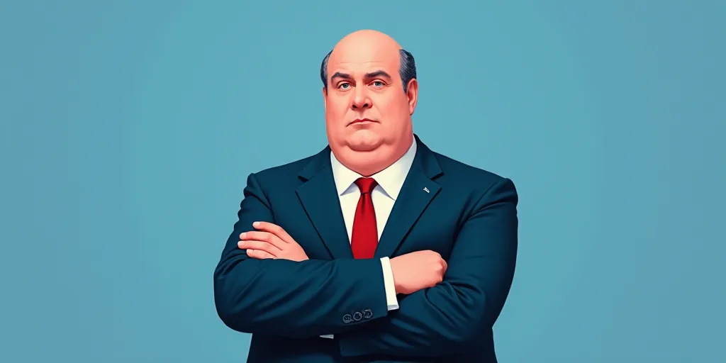a man in a suit and tie with his arms crossed and his arms crossed, with a blue background, Fernando
