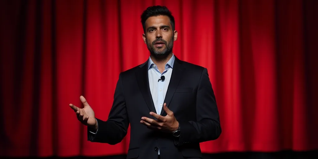 a man in a suit giving a presentation on a screen with a red curtain behind him and a red curtain be