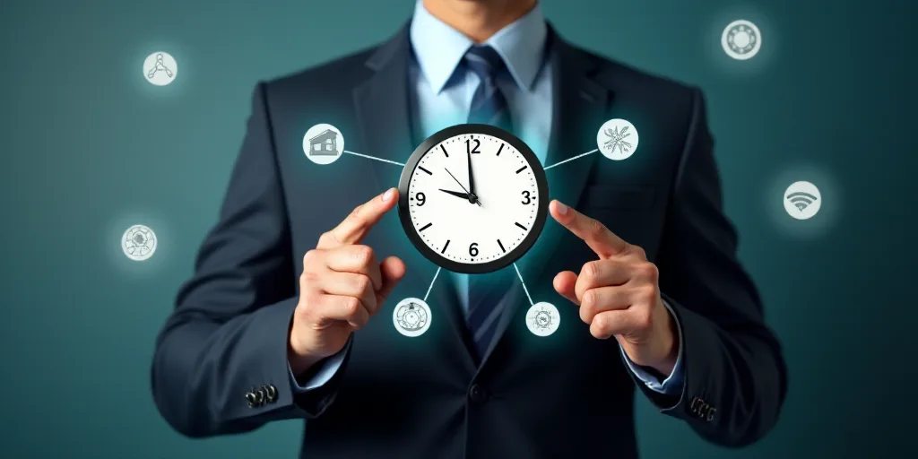 a man in a suit holding a clock with icons around him and a hand pointing at it with both hands, Ai-