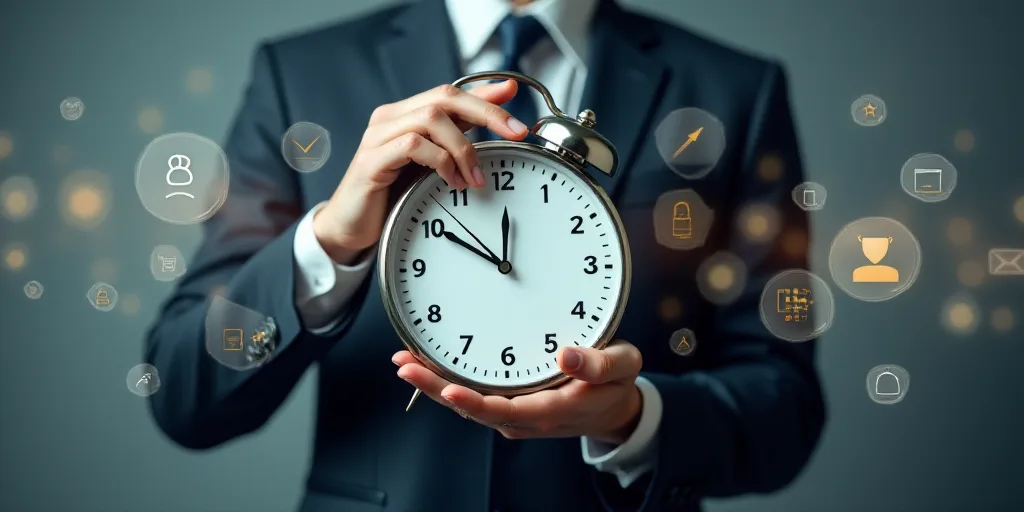 a man in a suit holding a clock with icons around him and a hand pointing at it with both hands, Ai-