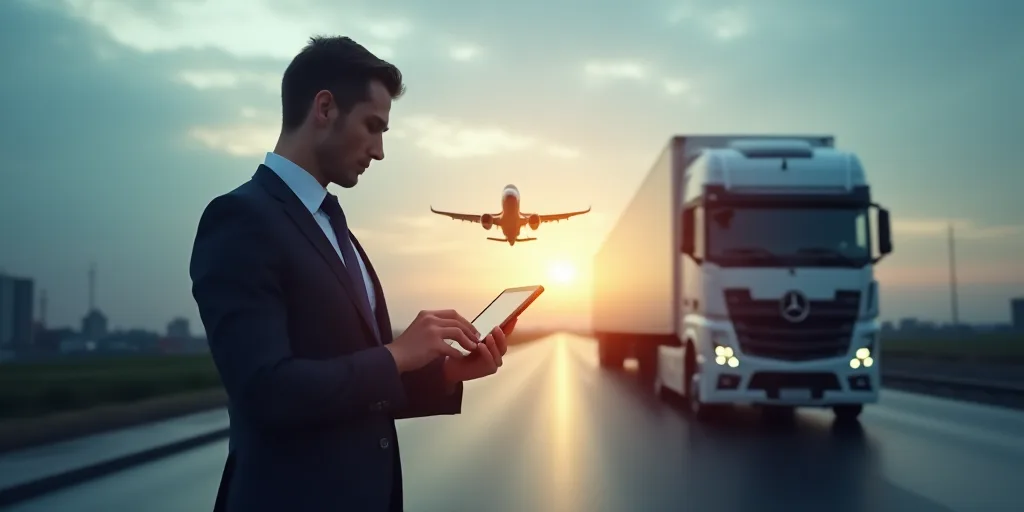 a man in a suit holding a tablet with a plane flying over it and a truck in the background, Andries