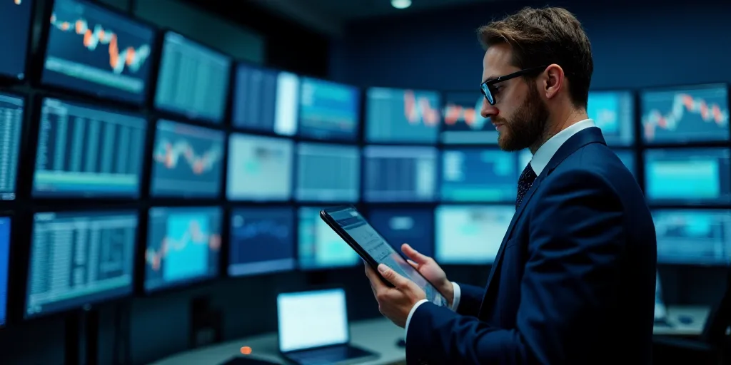 a man in a suit is looking at a tablet in a trading room with multiple screens on the wall, Andries