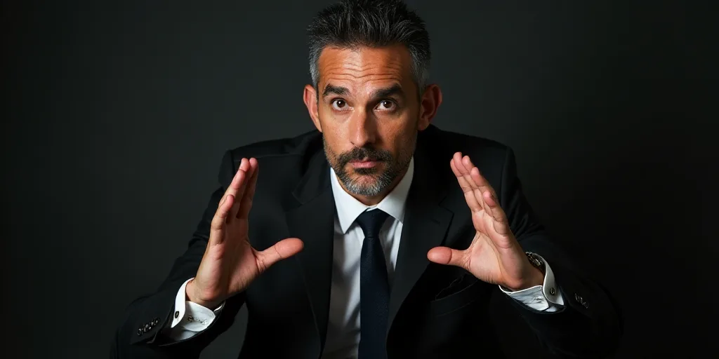 a man in a suit is making a gesture with his hands while sitting down and looking at the camera, Car