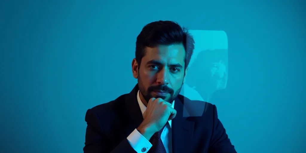 a man in a suit is posing for a picture with his chin resting on his hand, with a blue background, A
