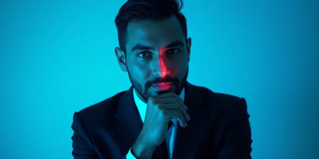 a man in a suit is posing for a picture with his chin resting on his hand, with a blue background, A