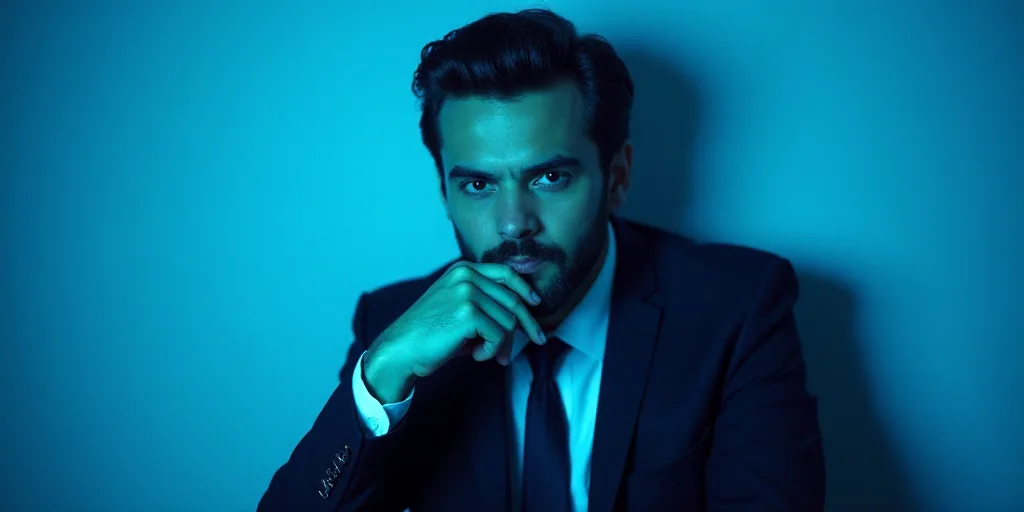 a man in a suit is posing for a picture with his chin resting on his hand, with a blue background, A