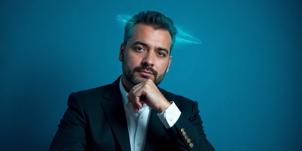 a man in a suit is posing for a picture with his chin resting on his hand, with a blue background, A