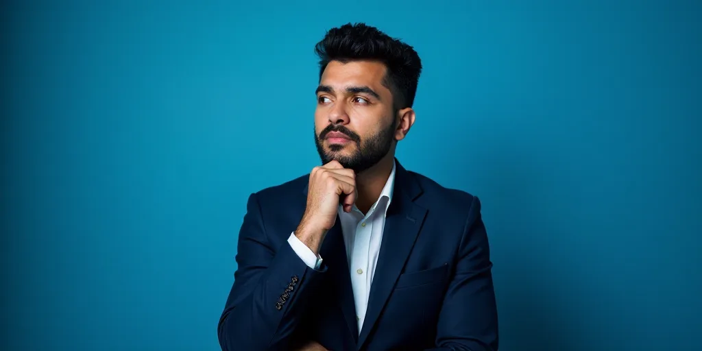 a man in a suit is posing for a picture with his chin resting on his hand, with a blue background, A