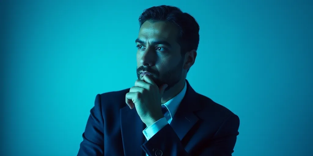 a man in a suit is posing for a picture with his chin resting on his hand, with a blue background, A