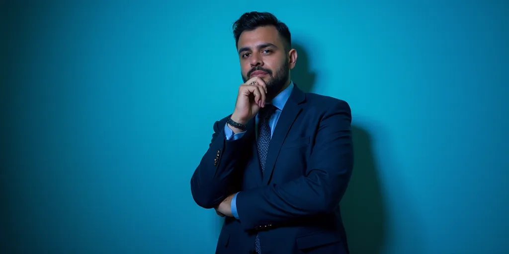 a man in a suit is posing for a picture with his chin resting on his hand, with a blue background, A