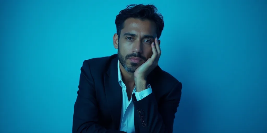 a man in a suit is posing for a picture with his chin resting on his hand, with a blue background, A