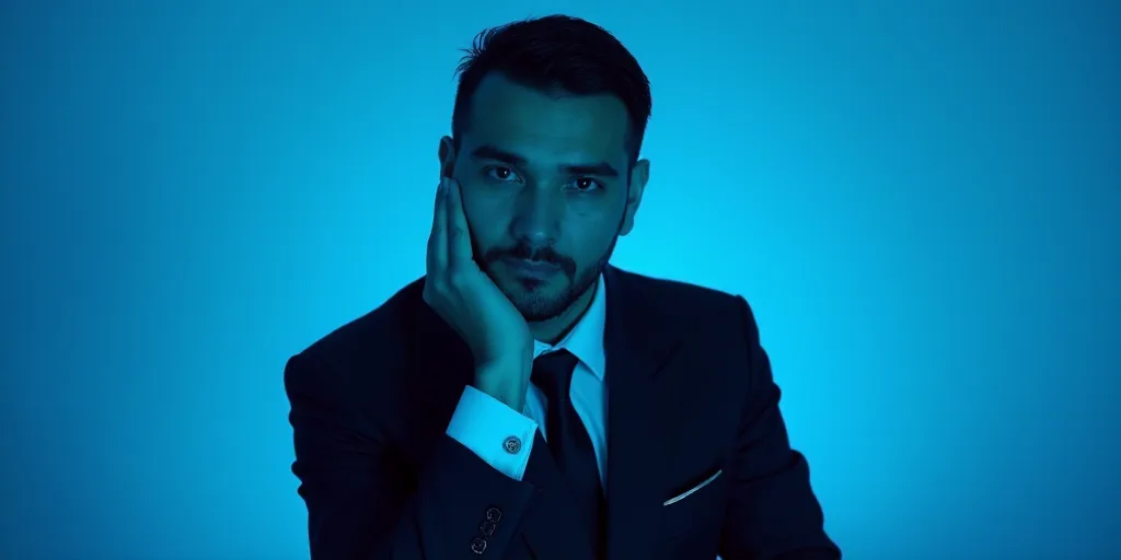 a man in a suit is posing for a picture with his chin resting on his hand, with a blue background, A