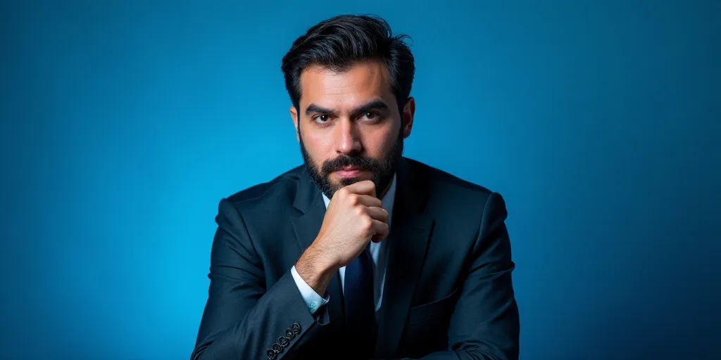 a man in a suit is posing for a picture with his chin resting on his hand, with a blue background, A
