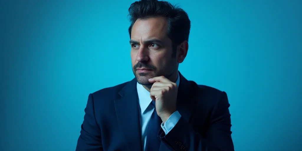 a man in a suit is posing for a picture with his chin resting on his hand, with a blue background, A