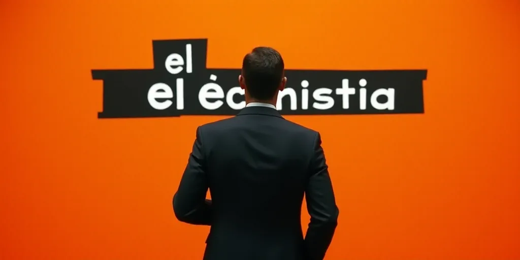 a man in a suit is standing in front of an orange background with a black and white sign that says e
