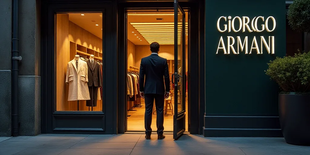 a man in a suit is standing in a doorway of a storefront with a sign that says giorggo armani, Corre