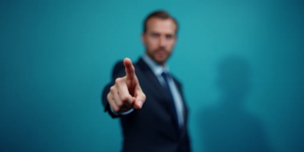 a man in a suit pointing at something with his finger in the air and a blurry background of a blue w