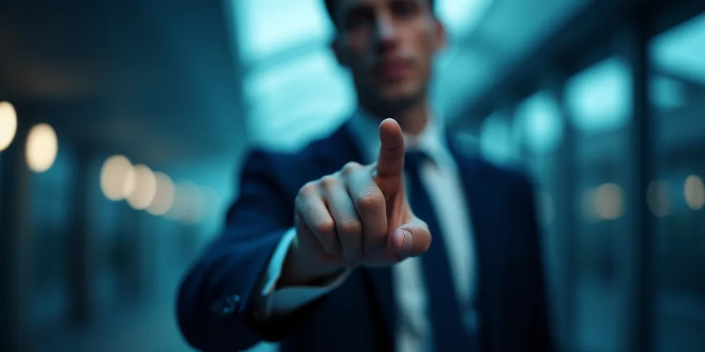 a man in a suit pointing at something with his finger and a blurry background of a building and a bl