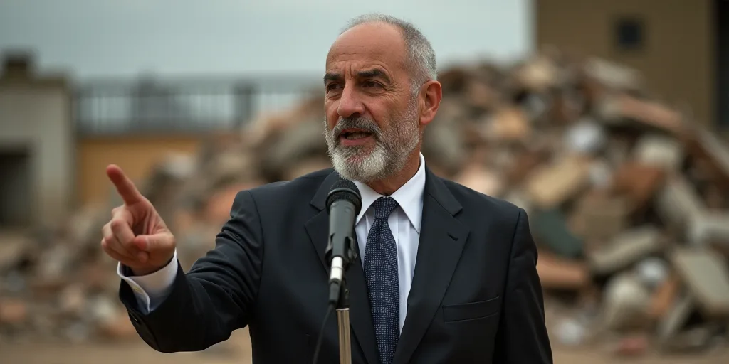 a man in a suit pointing to something with a microphone in his hand and a pile of debris behind him,