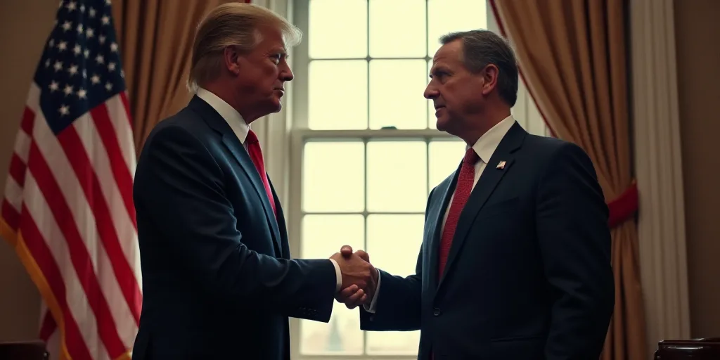 a man in a suit shaking hands with a man in a suit in front of a flag and a window, Donald Roller Wi