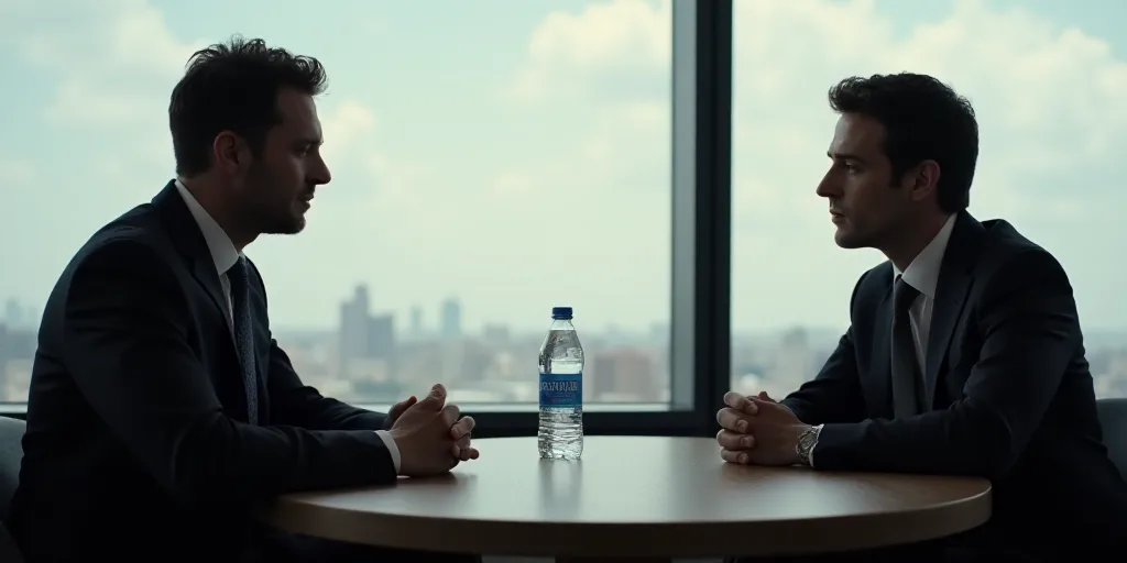 a man in a suit sitting at a table with a bottle of water in front of him and another man in a suit
