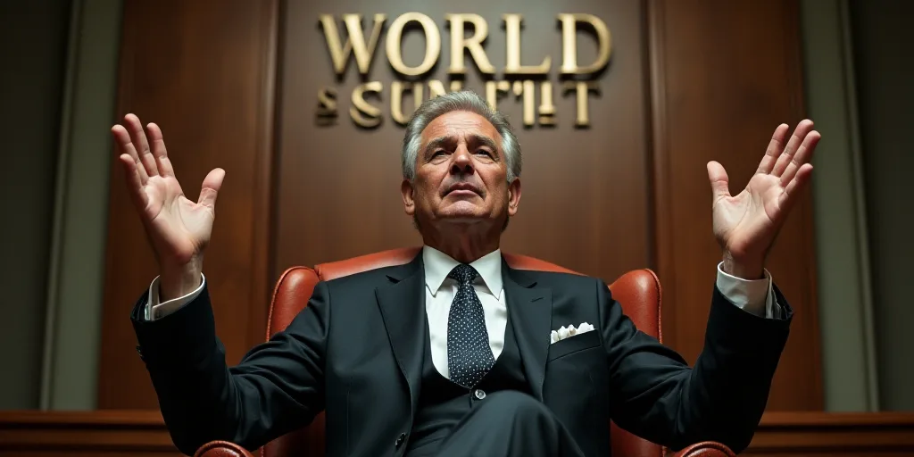 a man in a suit sitting in a chair with his hands up in front of him and a world economic summit sig