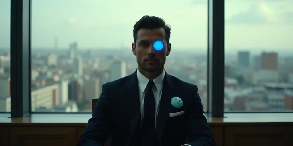 a man in a suit sitting in front of a window with a view of the city behind him and a blue eye patch