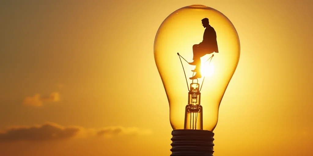 a man in a suit sitting on a light bulb with a dollar sign on it's side, with the sun shining behind