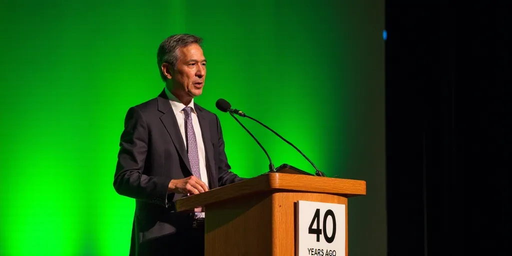 a man in a suit speaking into a microphone at a podium with a green backdrop behind him and a sign t