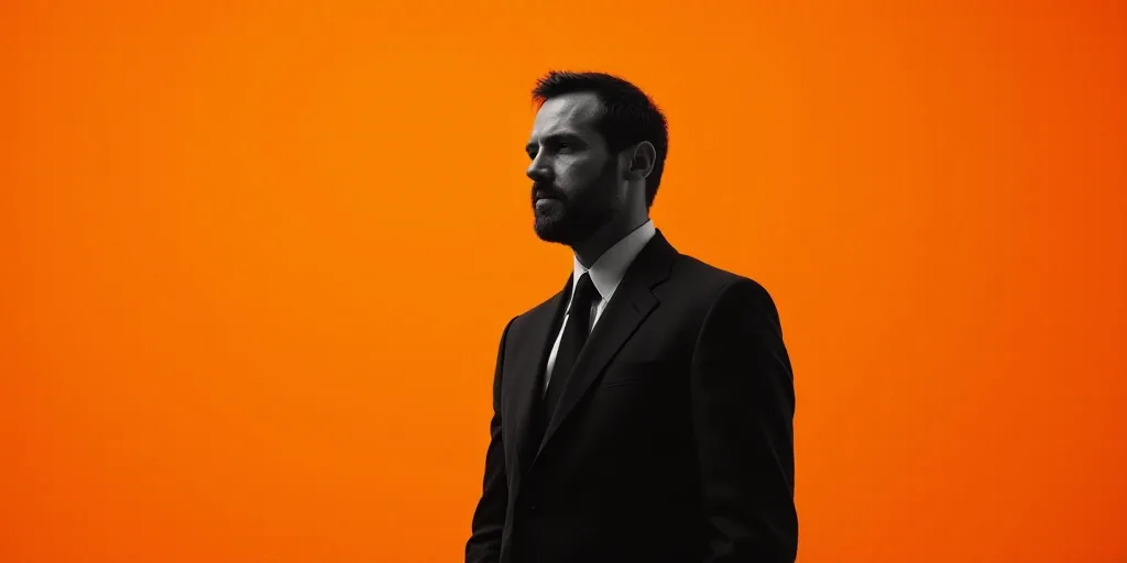 a man in a suit standing in front of an orange background with a black and white photo of him, Eduar